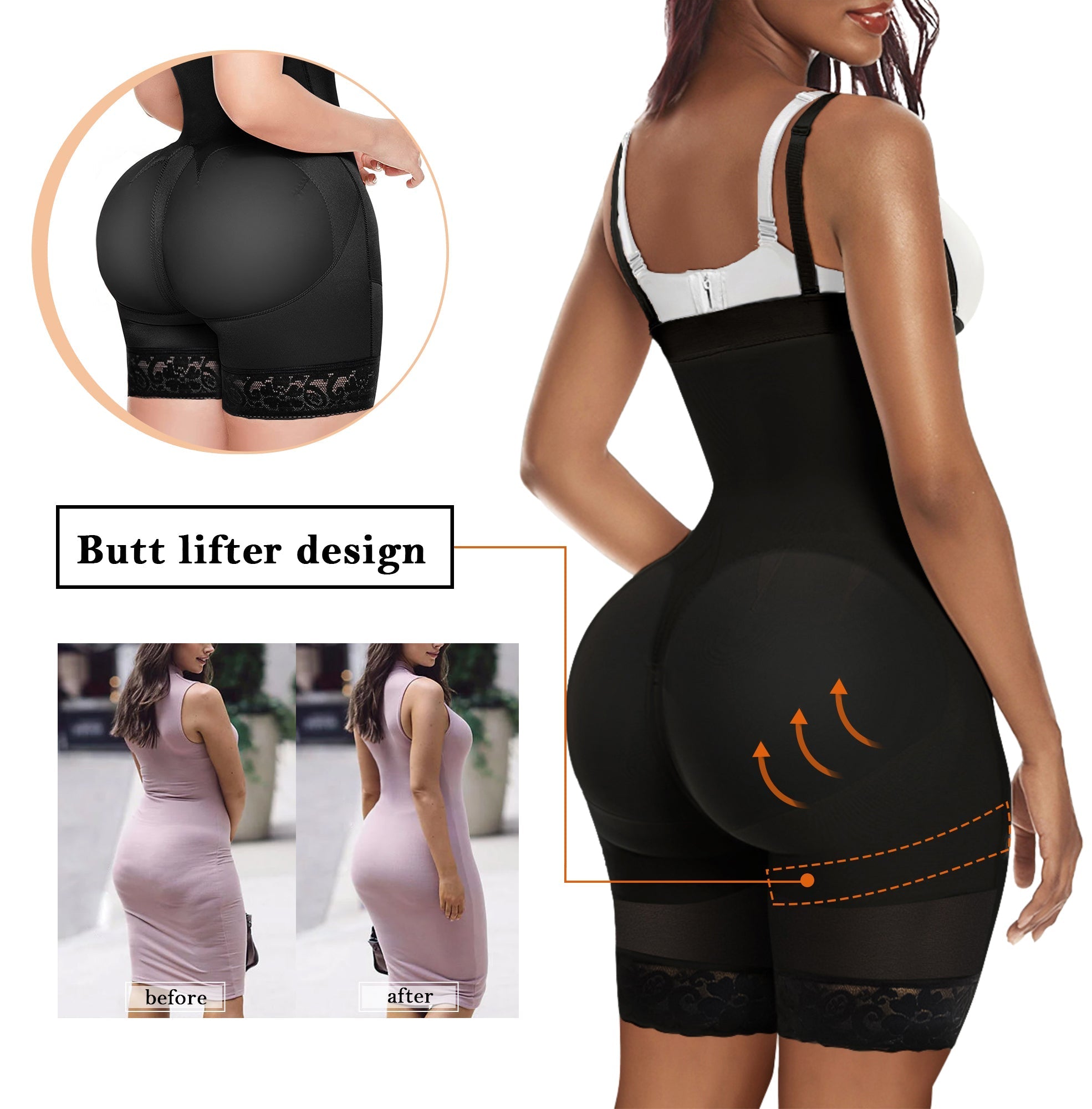 YIANNA Fajas Colombianas Shapewear for Women Tummy Control Body Shaper Butt Lifter Thigh Slimmer with Zipper Crotch